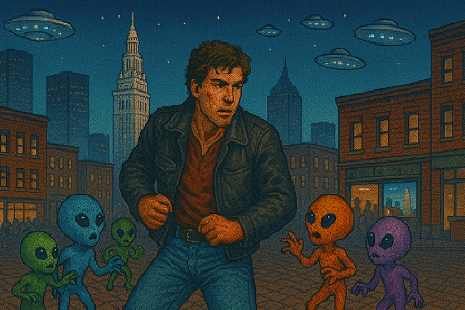 A street fighter faces colorful aliens in a retro Cleveland cityscape