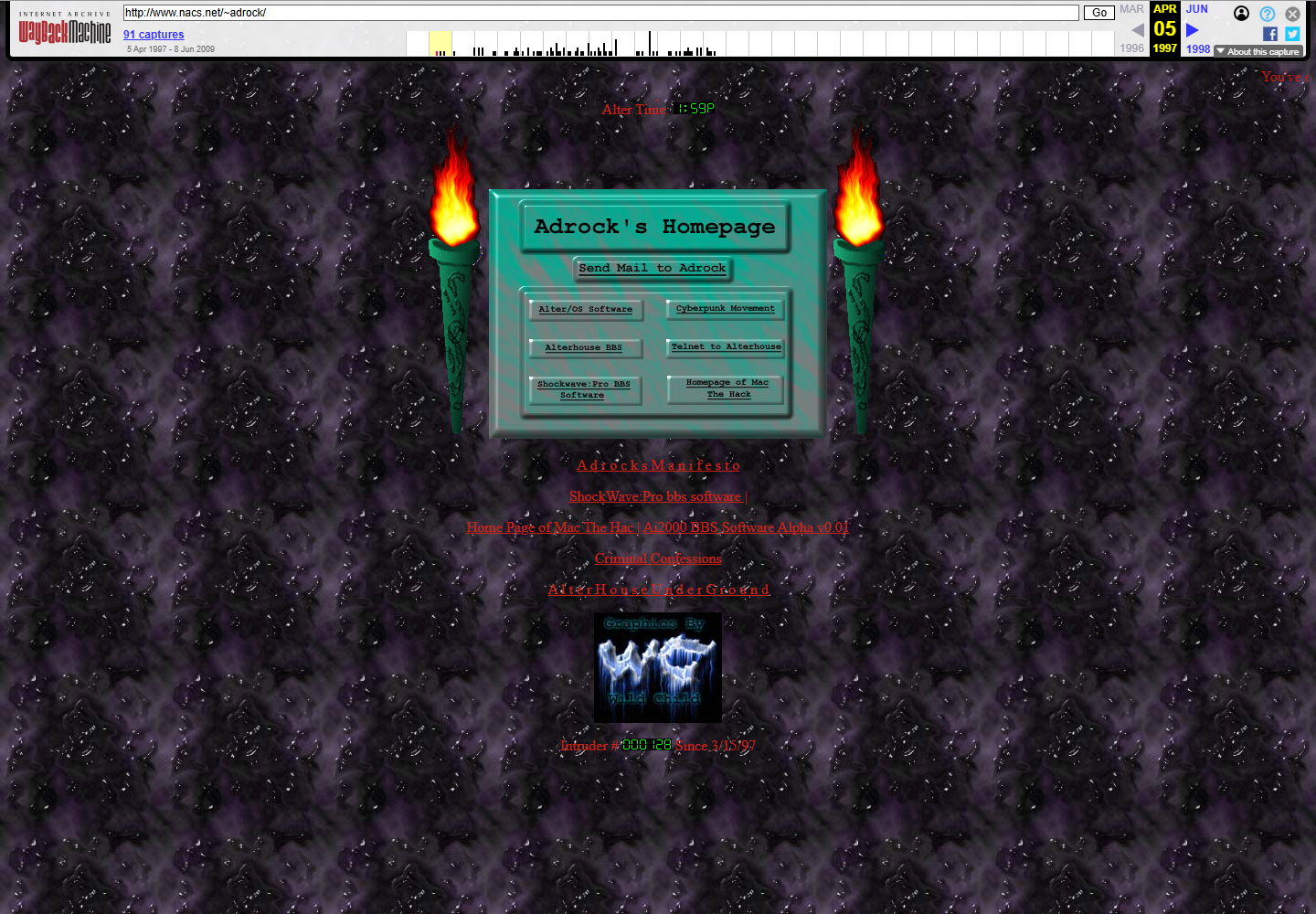 The 1997 Adrock homepage with a tiled dark background, flaming torches, and a teal navigation panel