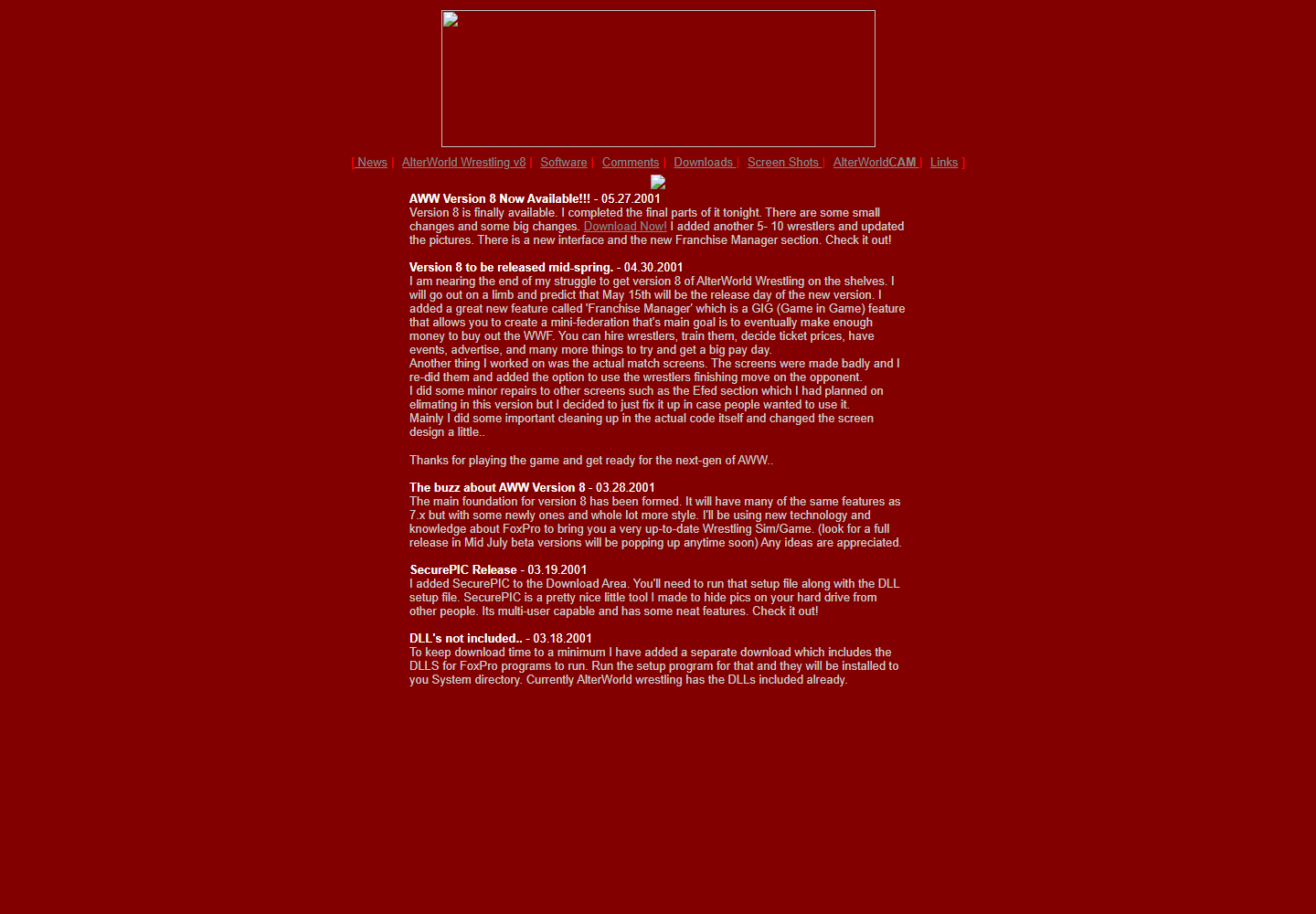 The red AlterWorld Software site from 2001 showing release notes for AlterWorld Wrestling version 8