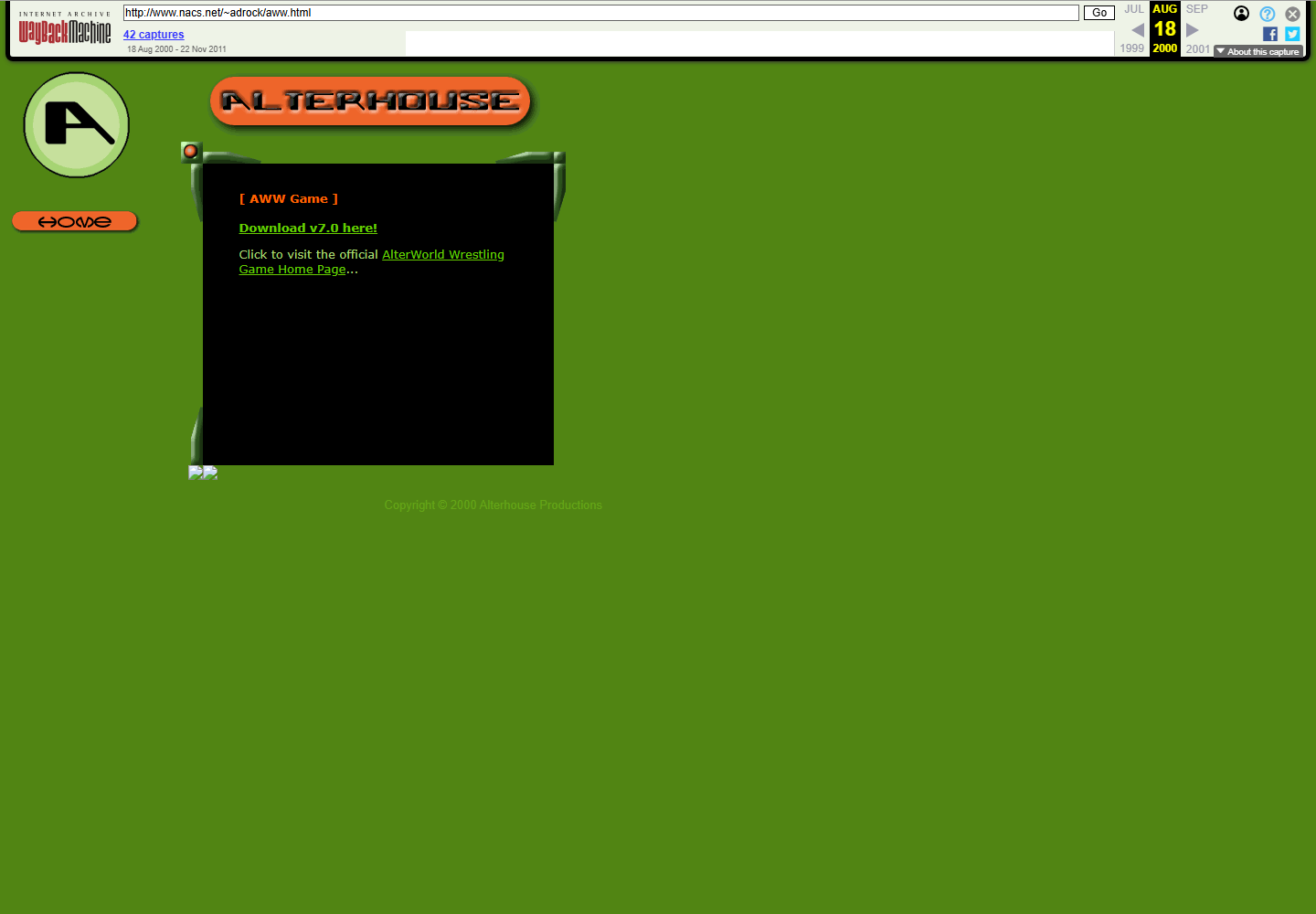 Archived Alterhouse download page with green background and a Download v7.0 link