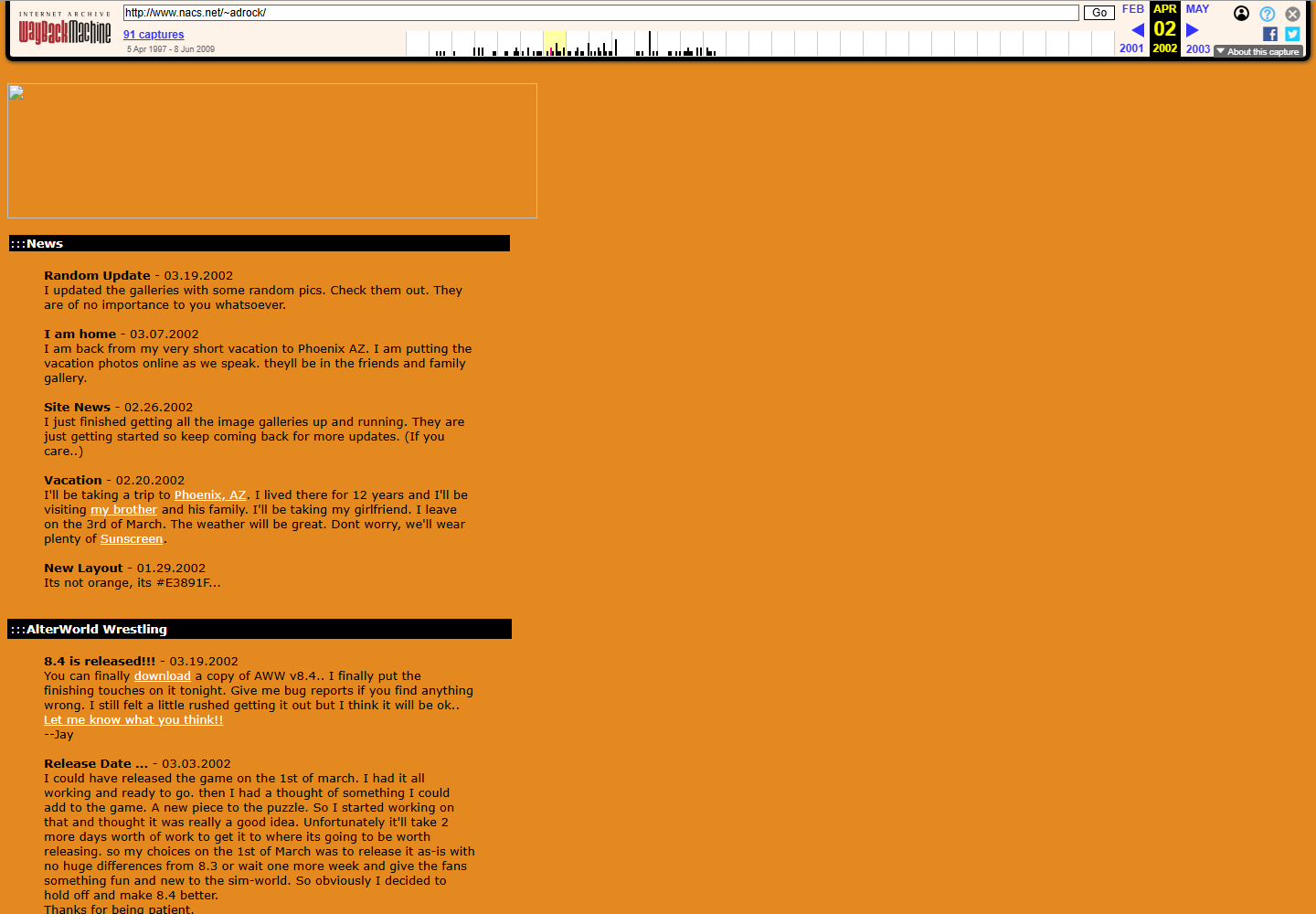 The orange 2002 personal homepage showing news and AlterWorld Wrestling 8.4 release notes
